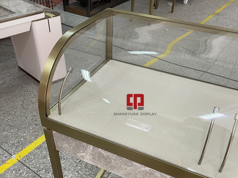 Curved Glass Metal Jewelry Display Cabinet