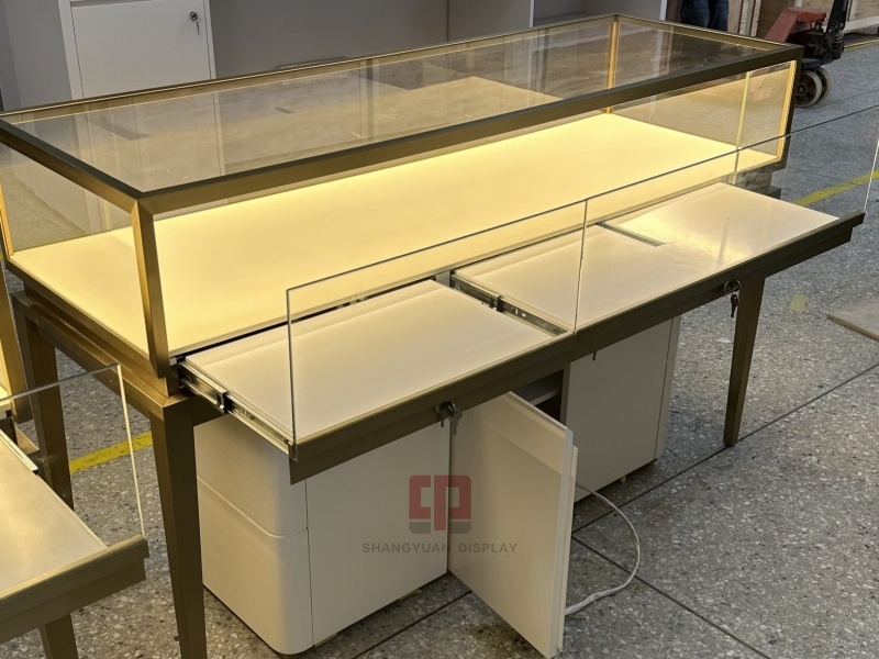 White Wooden Metal Jewelry Display Cabinet