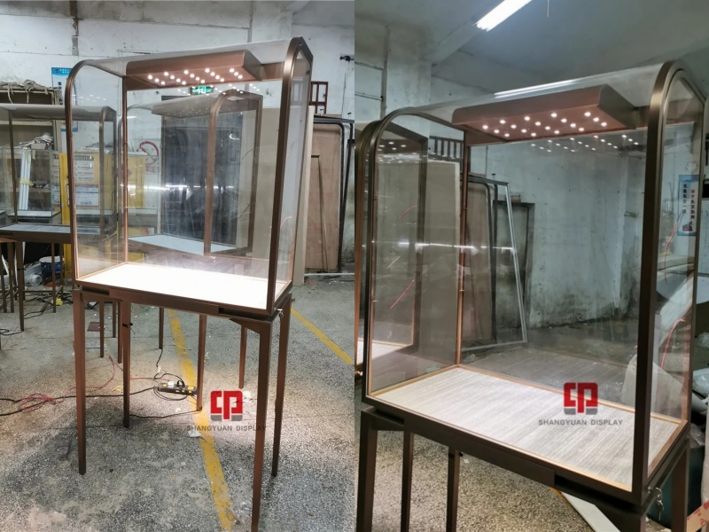 Curved Glass Metal Stainless Steel Tall  Cabinet