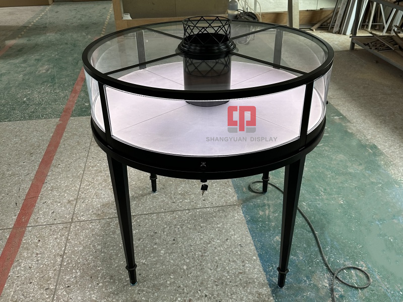 Black Metal European Round Jewelry Display Cabinet