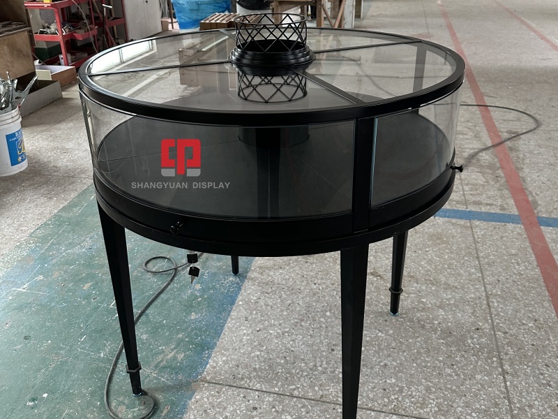 Black Metal European Round Jewelry Display Cabinet