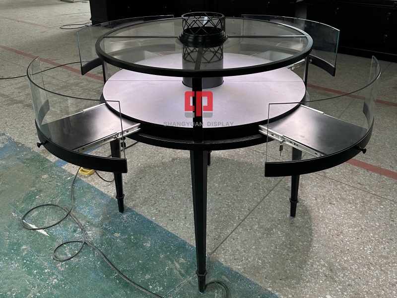 Black Metal European Round Jewelry Display Cabinet
