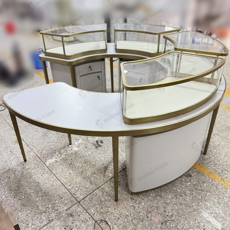 Circular Jewelry Display Cases with Glass and Gold Trims