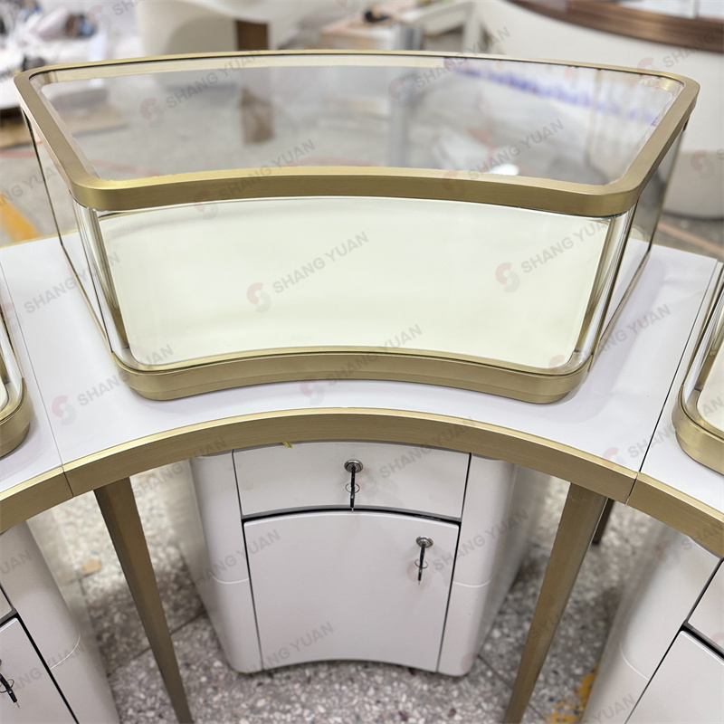 Circular Jewelry Display Cases with Glass and Gold Trims