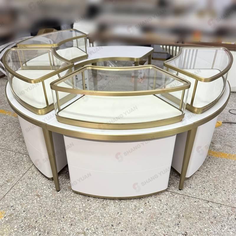 Circular Jewelry Display Cases with Glass and Gold Trims