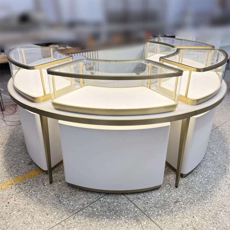 Circular Jewelry Display Cases with Glass and Gold Trims