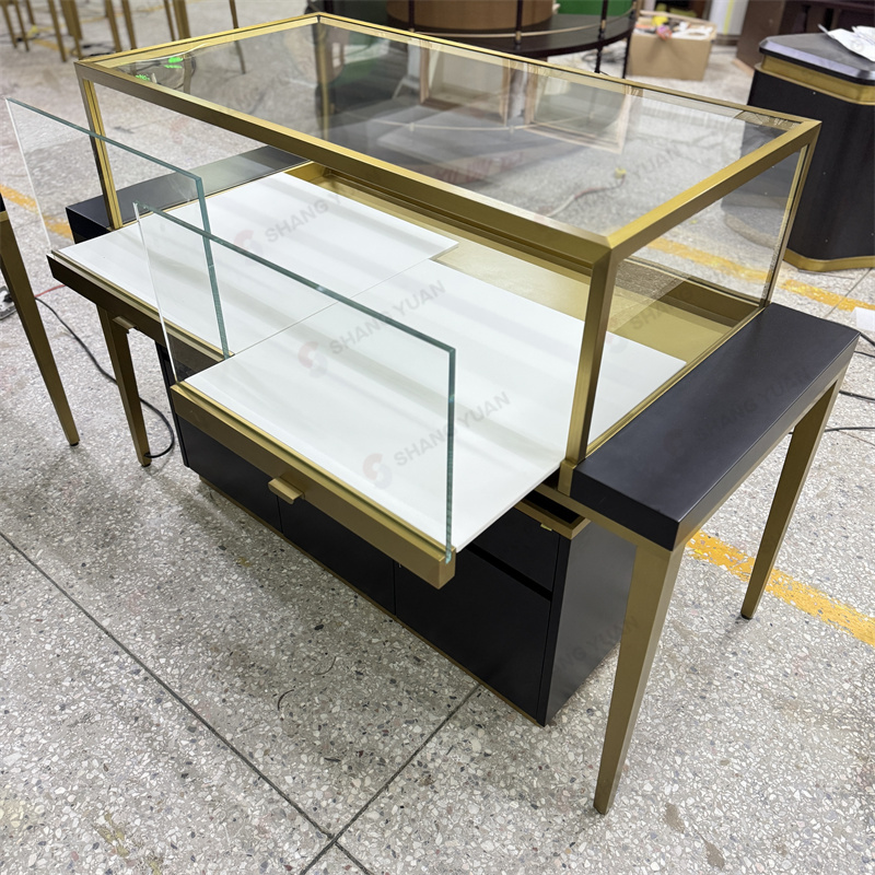 Luxury Black and Gold Retail Jewelry Display Cabinet with LED Lighting