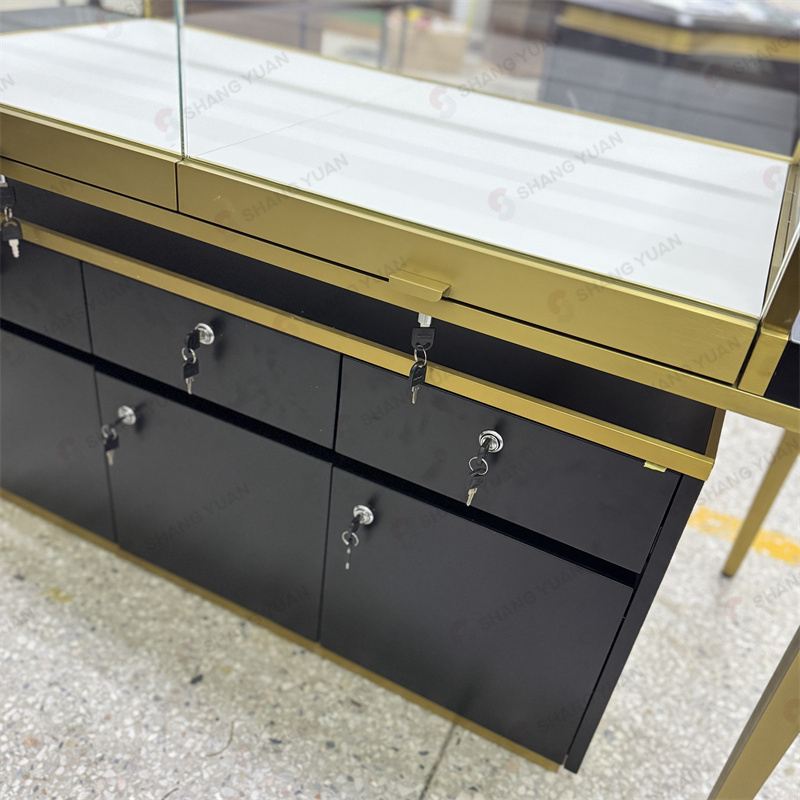 Luxury Black and Gold Retail Jewelry Display Cabinet with LED Lighting