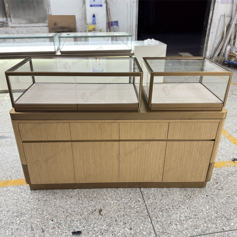Modern Luxury Gold &amp; Wood Jewelry Counter