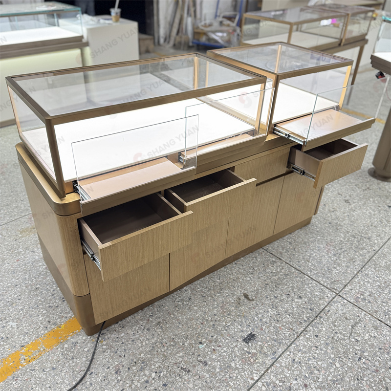Modern Luxury Gold &amp; Wood Jewelry Counter