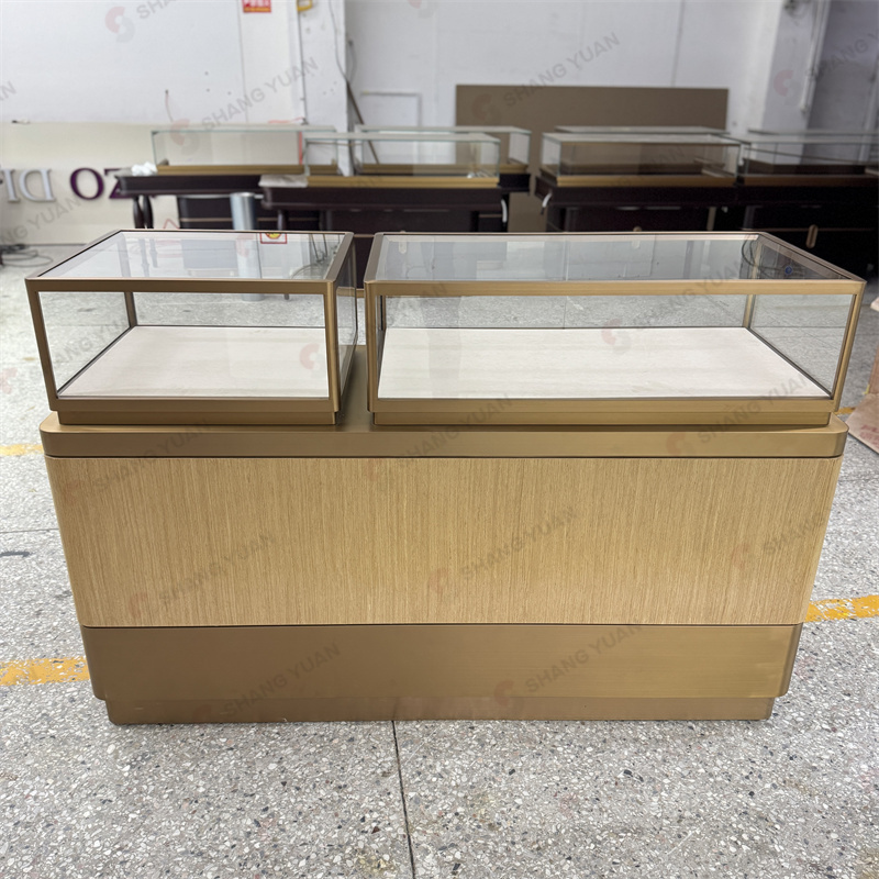 Modern Luxury Gold &amp; Wood Jewelry Counter