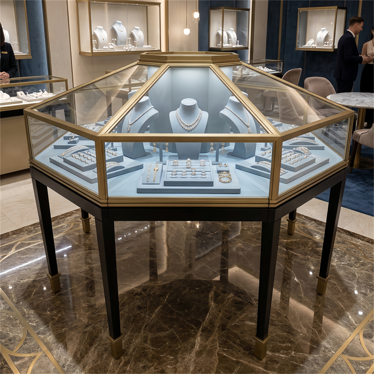 Custom Octagonal Jewelry Showcases – Gold Metal &amp; Glass Island Display Cabinet 